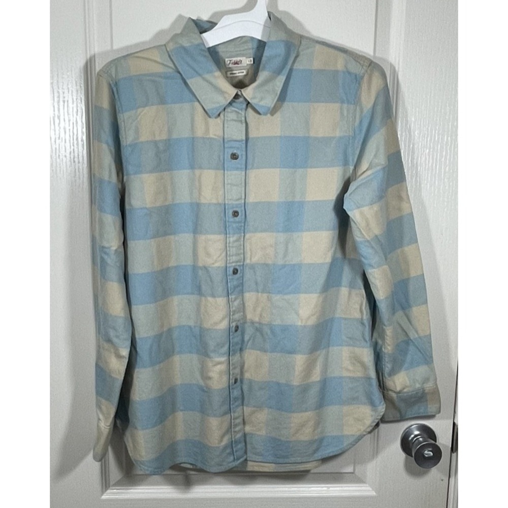 Faherty Blue Plaid Flannel Organic Cotton Mens Large Sleeve Rustic Outdoor
